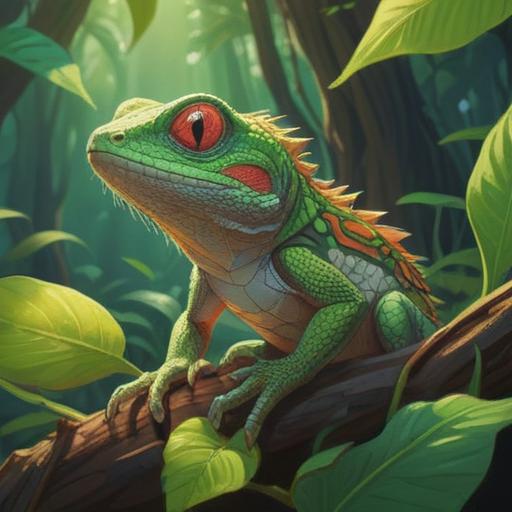 A small lizard sitting on a vibrant green leaf, sunlight filtering through the trees, a sense of wonder and luck in the air, delicate details on the lizard's scales, a whimsical, enchanted forest background, soft, inviting colors, harmonious atmosphere, magical encounter, 4k
