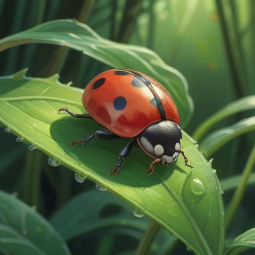 A small ladybug resting on a vibrant green leaf, symbolizing good luck and protection, surrounded by ethereal light, a tranquil natural setting, soft blooming flowers in the background, mystical aura, gentle sunlight filtering through leaves, harmonious atmosphere, delicate details, 4k
