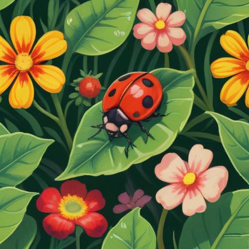 A small ladybug resting on a vibrant green leaf, symbolizing positivity and good fortune, surrounded by blooming flowers, gentle sunlight filtering through the trees, a serene and spiritual atmosphere, nature's beauty, 4k