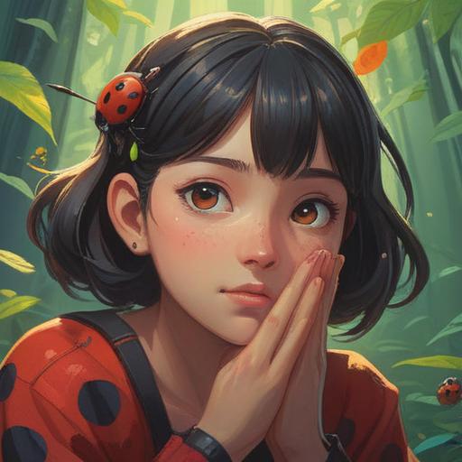 A small ladybug appearing on a person’s hand, vibrant colors, symbolizing good luck and spiritual guidance, serene expression, nature setting with soft sunlight filtering through leaves, lush greenery in background, connectedness with nature, 4k