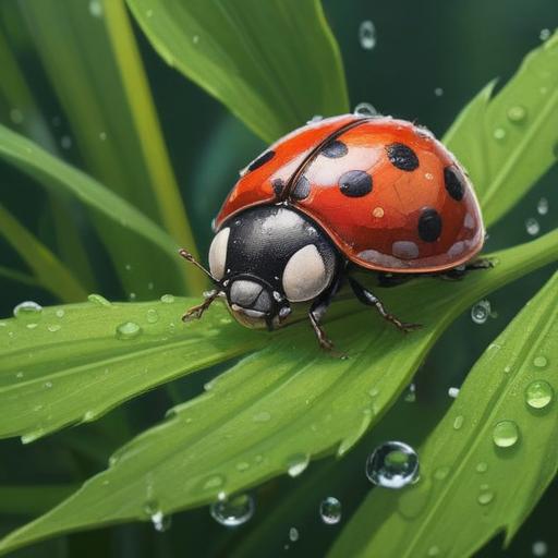 A tiny ladybug resting on a vibrant green leaf, surrounded by glistening dew drops, symbolizing good luck and fortune, bright sunshine filtering through the trees in the background, softly blurred colors, intricate details on the ladybug's shell, a sense of tranquility and happiness, 4k