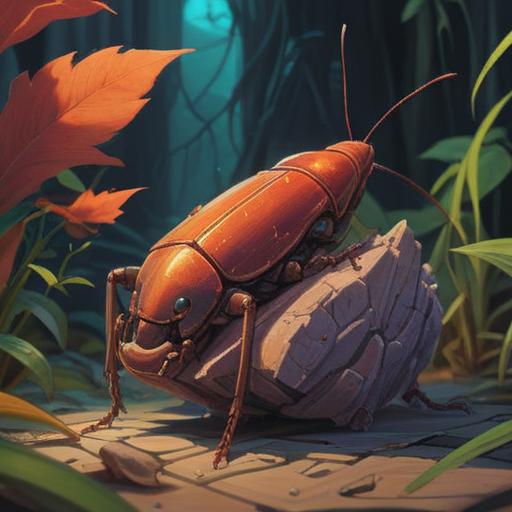 A small cockroach symbolizing spiritual transformation, intricate details, vibrant colors, contrasting light and shadow, serene background, representing resilience and adaptability, mystical elements surrounding the insect, symbolic representation of renewal, 4k