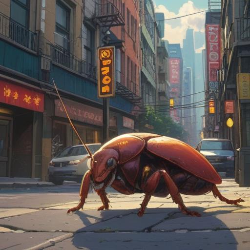 A small cockroach appearing on a vibrant city street, symbolizing spiritual awareness, curious expressions from passerby, a mystical aura surrounding the insect, detailed urban background with colorful storefronts, sunlight casting long shadows, a sense of caution and intrigue, 4k