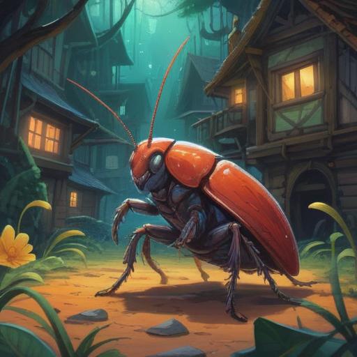 A tiny cockroach sharing secrets for good luck, whimsical setting, vibrant colors, enchanting atmosphere, anthropomorphized insect character, surrounded by lucky symbols like four-leaf clovers and coins, detailed background with cozy room elements, warm lighting, 4k