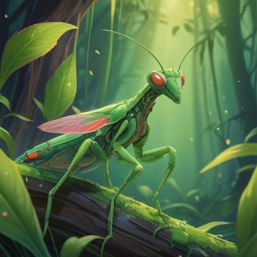 A small mantis sitting peacefully on a vibrant green leaf, surrounded by ethereal light, representing spiritual awakening and transformation, delicate features, serene expression, soft bokeh background, nature's tranquility, detailed textures, 4k