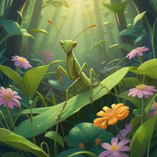 A small praying mantis in a serene garden, soft sunlight filtering through the leaves, delicate flowers surrounding it, an aura of tranquility and spirituality, representing good signs and positive energy, detailed insect features, harmonious color palette, peaceful atmosphere, 4k