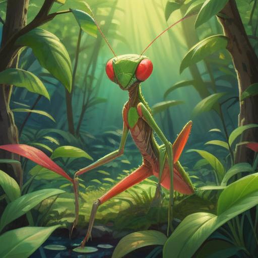 A small praying mantis in a vibrant garden, representing a moment of discovery, bright colors, lush greenery, sunlight filtering through leaves, the mantis symbolizing luck and transformation, with a glowing number seven in the background, whimsical and magical atmosphere, 4k