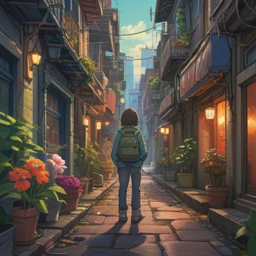 A serene illustration depicting a quiet moment in a bustling city, a person pausing to observe a flower growing through the cracks in the pavement, soft sunlight filtering through the leaves, expressive facial expression showing contemplation, subtle details in the environment emphasizing the beauty of small things, warm color palette, 4k