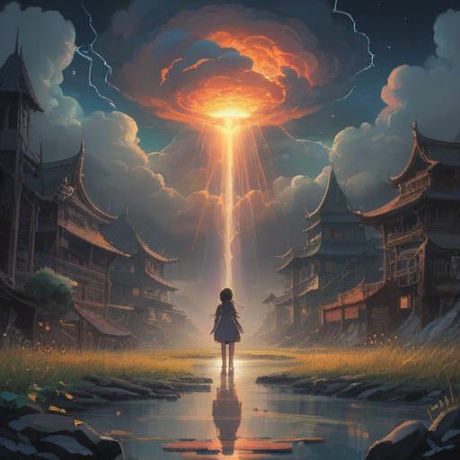 A mystical landscape depicting the uncertainty of the future, ethereal light breaking through dark clouds, symbolic representations of hope and guidance, vibrant colors merging with serene tones, surreal elements such as floating orbs and guiding stars, a path leading towards a luminous horizon, spiritual symbolism reflecting tranquility and reassurance, dreamlike atmosphere, intricate details, enchanting visuals