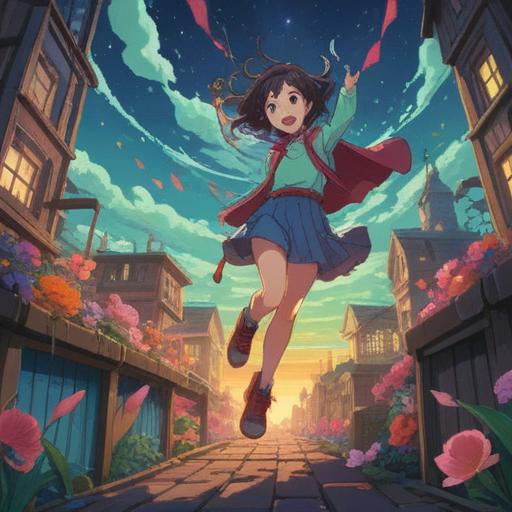 A hopeful scene illustrating a person taking a leap of faith, symbolizing overcoming future anxieties, vibrant colors, dynamic movement, uplifting atmosphere, diverse surroundings, motivational elements, elements of luck and determination, 4k