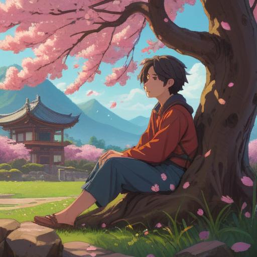 A serene and introspective scene, a person sitting under a blossoming cherry tree, surrounded by floating petals, deep in thought, a journal open beside them, soft light illuminating their face, a path leading into a bright future in the background, warm and hopeful atmosphere, symbolizing clarity and new beginnings, 4k
