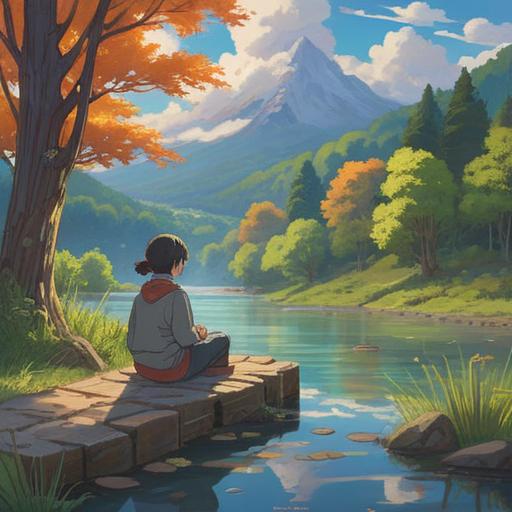 A serene landscape depicting the transformative journey of wounds and healing, soft light breaking through the clouds, a person sitting by a tranquil river, reflections of inner strength and resilience, symbolic flowers blooming around them, ethereal glow, sense of peace and understanding, 4k