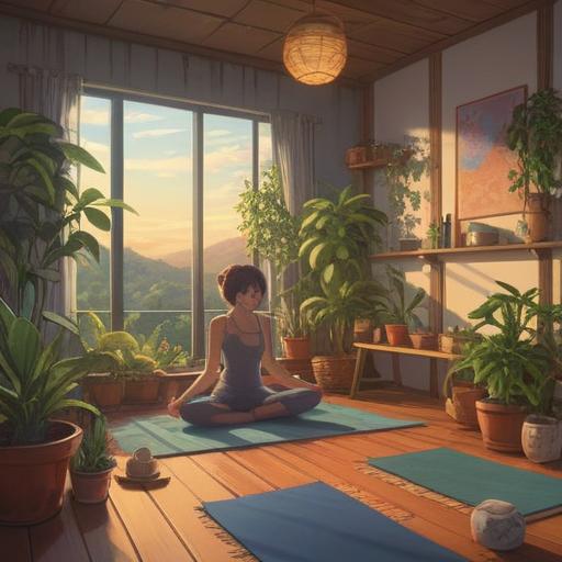A serene morning routine, a cozy room filled with soft sunlight, a person meditating on a yoga mat, surrounded by plants and a calming atmosphere, warm tea on a table, peaceful expressions, gentle colors, promoting mindfulness and tranquility, 4k