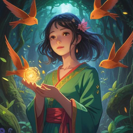 A serene and mystical depiction of a woman engaging with nature, ethereal light surrounding her, symbols of love and connection in the air, deep introspection reflected in her eyes, harmony between body and spirit, vibrant flora around her, inviting atmosphere, 4k