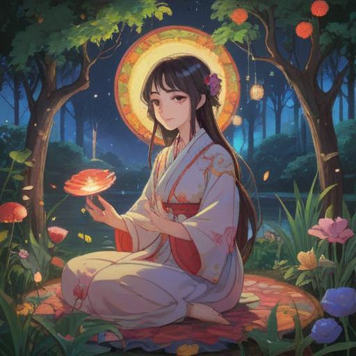 A serene and mystical scene depicting a woman surrounded by ethereal light, symbols of love and connection floating around her, a tranquil garden setting with blooming flowers and gentle streams, an aura of positivity and spirituality, vibrant colors representing energy and harmony, dreamlike atmosphere, 4k