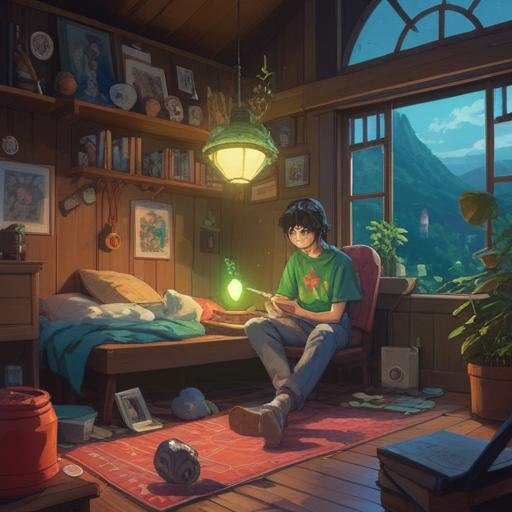 A reflective scene of a person sitting in a cozy room, surrounded by lucky items like a four-leaf clover, a horseshoe, and a vintage mirror, soft sunlight streaming through the window, a sense of introspection and self-discovery, warm color palette, intricate details of the lucky items, serene atmosphere, thoughtful expression, 4k