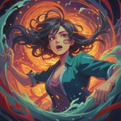 A powerful depiction of a woman embracing her anger, surrounded by swirling ethereal energy, vibrant colors representing emotions, intricate patterns symbolizing spiritual growth, a serene yet intense expression, mystical background elements, harmony between chaos and peace, 4k