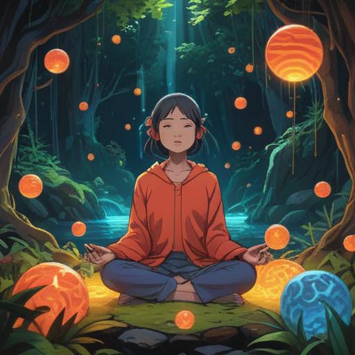 A serene scene depicting a woman meditating in nature, surrounded by glowing orbs of spiritual energy, vibrant colors illuminating the environment, intricate patterns of energy swirling around her, lush greenery and tranquil water nearby, ethereal light filtering through trees, a sense of peace and connection, 4k
