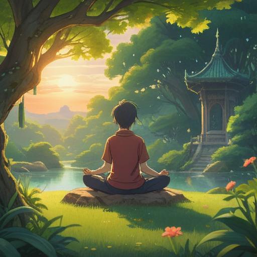 A serene scene depicting the balance between spiritual energy and daily life, a person meditating in a tranquil park, surrounded by glowing orbs of light representing spiritual energy, soft sunlight filtering through trees, vibrant flowers, and a peaceful ambiance, harmonious blend of nature and mindfulness, 4k