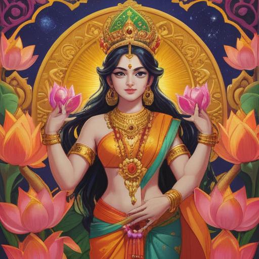 A serene depiction of the goddess Lakshmi, adorned in vibrant traditional attire, surrounded by golden lotus flowers, radiating divine light, symbolizing spiritual luck and abundance, intricate patterns and textures, ethereal atmosphere, harmonious color palette, 4k