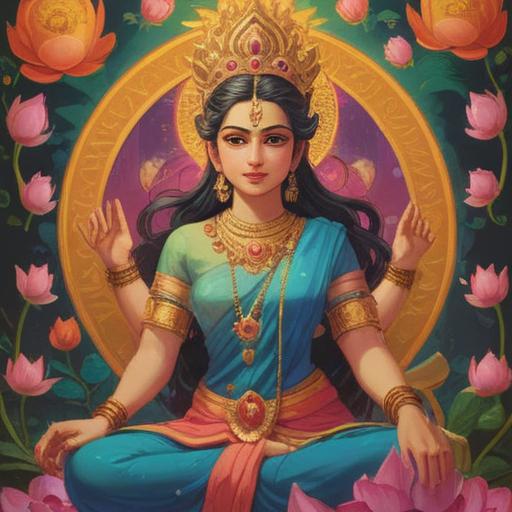 A serene and mystical scene depicting Goddess Lakshmi surrounded by glowing auspicious symbols, vibrant lotus flowers in full bloom, shimmering golden light illuminating the space, peaceful and harmonious atmosphere, intricate details on her attire, soft radiance reflecting hope and prosperity, spiritual energy flowing around her, inviting and uplifting presence, 4k