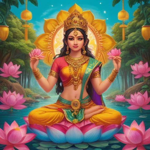 A serene illustration of Goddess Lakshmi surrounded by lotus flowers, rich golden hues emanating from her, symbolizing prosperity and abundance, intricate details on her attire, showing divine grace, spiritual symbols in the background, calm and peaceful atmosphere, gentle light illuminating her figure, soft focus, 4k