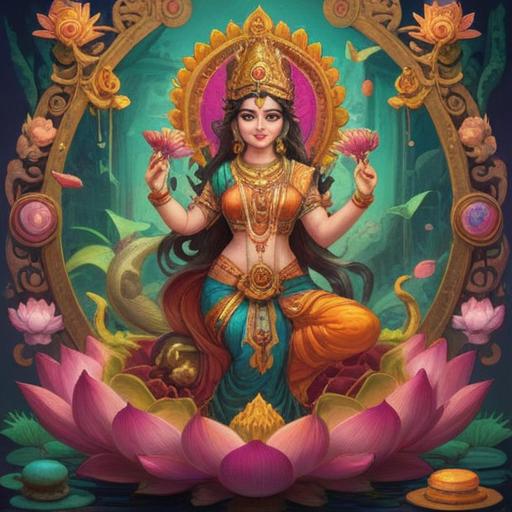 A beautiful and ornate representation of the goddess Lakshmi, surrounded by symbols of fortune and prosperity, vibrant colors, intricate patterns, blooming lotus flowers, golden coins cascading, an atmosphere of abundance and joy, serene facial expression, ethereal glow, 4k