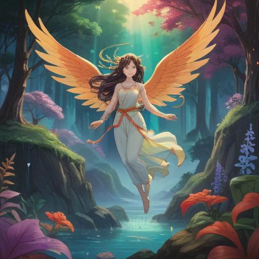 A serene and ethereal scene, depicting a goddess gently hovering above a tranquil landscape, radiant light emanating from her form, symbols of guidance and spirituality surrounding her, lush greenery and vibrant flowers below, soft clouds casting gentle shadows, a sense of peace and enlightenment in the atmosphere, bright colors, enchanting details, 4k.