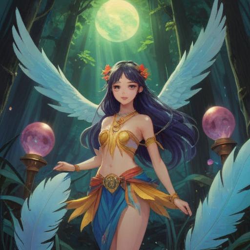 A mystical scene depicting the essence of a goddess, ethereal light surrounding a serene figure, symbolic spiritual signs like feathers and glowing orbs, vibrant nature backdrop with ancient trees and flowing water, tranquil atmosphere, inviting aura of divine wisdom, harmonious balance of colors, 4k