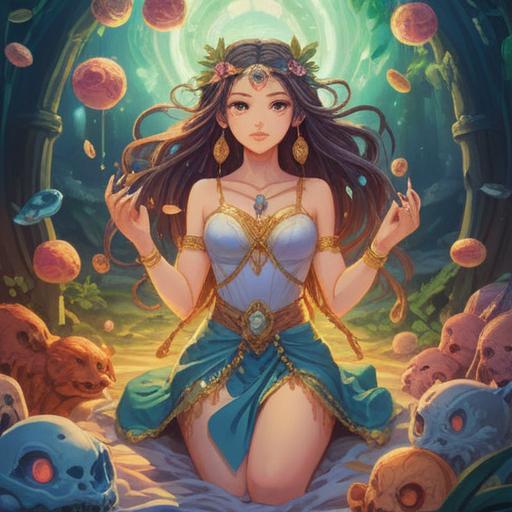 A serene illustration of a goddess surrounded by various lucky charms, vibrant colors, mystical aura, intricate details of each charm, glowing ethereal light, nature-inspired background with lush greenery and blooming flowers, tranquil atmosphere, harmonious composition, 4k