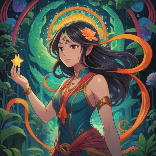 A serene and powerful goddess surrounded by radiant energy, intricate patterns of light swirling around her, lush nature in the background, vibrant flowers and greenery, an ethereal glow emanating from her hands, harmonious colors symbolizing peace and strength, divine aura, 4k
