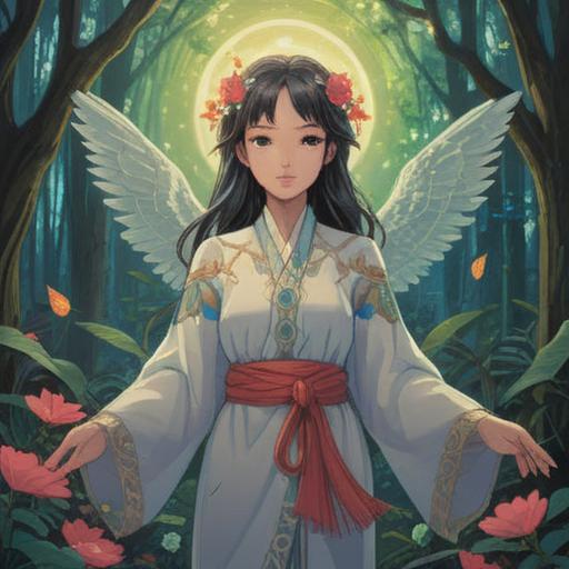 A serene and mystical illustration representing feminine spirituality, ethereal light surrounding a female figure, symbols of intuition and wisdom, lush nature intertwined with blossoming flowers, flowing water reflecting moonlight, tranquil and harmonious atmosphere, intricate details in the character's attire, vibrant colors denoting energy and balance, 4k