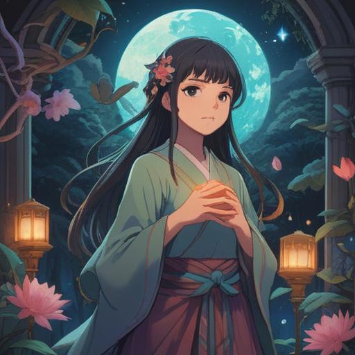 A mystical scene depicting feminine spirituality, symbols of intuition and guidance, a serene ambiance filled with soft light, enchanting nature elements, blossoming flowers representing growth, ethereal figures representing spiritual beings, a reflective water surface symbolizing clarity, harmonious colors, inviting and uplifting mood, 4k