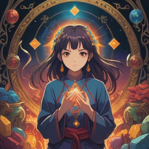 A captivating illustration of a woman surrounded by spiritual symbols, vibrant colors, mystical aura, lucky items such as crystals and talismans, serene expression, harmonious energy flow, enchanting background with ethereal patterns, uplifting atmosphere, 4k