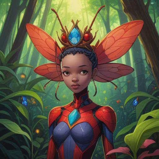 A regal queen ant surrounded by a mystical forest, vibrant colors, symbolic imagery representing leadership and fertility, intricate details on the ant's crown, ethereal glow, harmonious connection with nature, spiritual symbolism of unity and strength, soft light filtering through trees, 4k