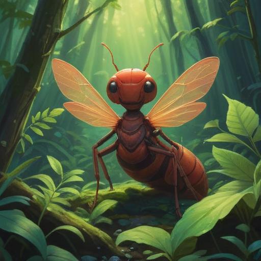 A regal queen ant surrounded by a glowing aura, symbolizing spiritual guidance, lush green forest environment, gentle sunlight filtering through leaves, delicate details on the ant's body, harmonious colors, serene atmosphere, conveying positive energy and good omens, 4k