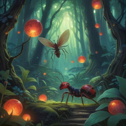 A mystical forest scene, showcasing the emergence of a queen ant, surrounded by glowing orbs of light, intricate details of forest flora, ethereal ambiance, spiritual symbols subtly intertwined in the landscape, a sense of transformation and awakening, calm and serene atmosphere, vivid colors, enchanting visuals