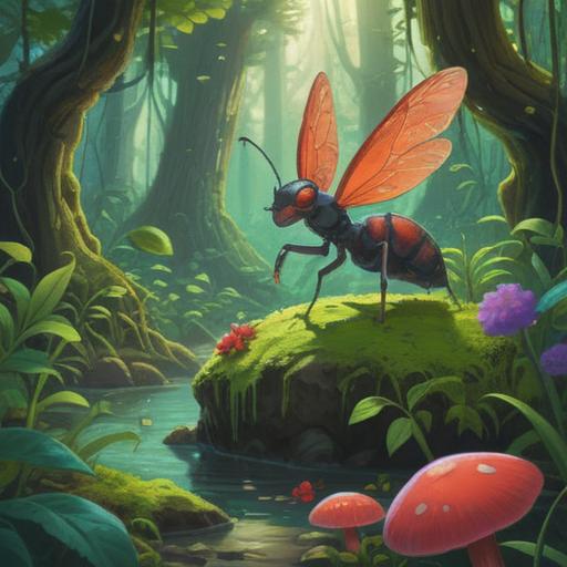 A whimsical scene depicting a person joyfully discovering a queen ant, vibrant colors, enchanted forest setting, lush greenery, sunlight filtering through leaves, excited expressions, interaction with nature, lucky charm symbols around, 4k