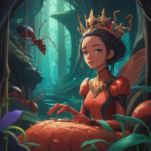 A thoughtful and inspiring scene showcasing a queen ant surrounded by her colony, the queen exuding a sense of leadership and wisdom, worker ants diligently carrying food, nurturing larvae, and maintaining the nest, intricate underground tunnels with detailed textures, warm earthy tones, a focus on teamwork and communication, a harmonious environment reflecting the strength of community, 4k