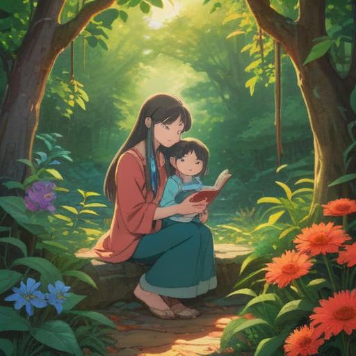 A serene and thoughtful scene depicting a girl and her mother in a tranquil garden, soft sunlight filtering through the leaves, the mother holding a crystal that glows gently, butterflies fluttering around them, symbols of love and guidance in the atmosphere, a feeling of harmony and connection, nurturing presence, reflecting spiritual signs, 4k