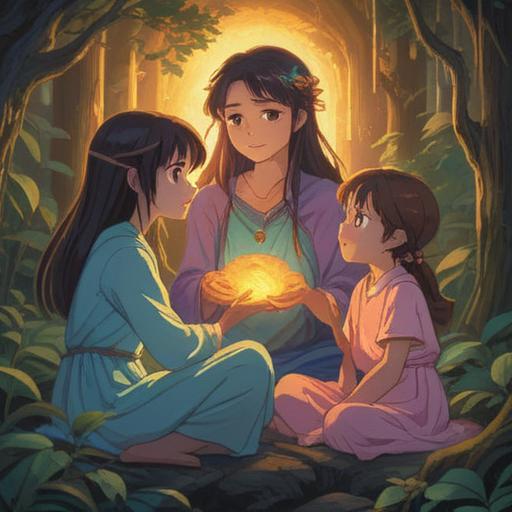 A serene and mystical scene of a mother surrounded by her daughters, representing deep spiritual connections, soft glowing light, ethereal ambiance, gentle expressions, intricate details in traditional attire, symbolic elements of love and unity, lush greenery in the background, harmony and tranquility, 4k