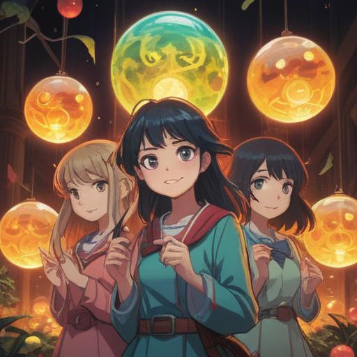 A serene and ethereal scene depicting a group of joyful girls, surrounded by glowing orbs of light, symbolizing spiritual signs, a nurturing mother figure watching over them, vibrant nature in the background, soft rays of sunlight filtering through trees, whimsical atmosphere, harmonious color palette, conveying a sense of guidance and positivity, mystical elements, 4k