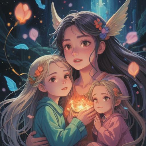 A serene scene depicting a mother surrounded by her daughters, ethereal lights illuminating their faces, gentle expressions reflecting deep connections, soft pastel colors creating a calming atmosphere, symbolic elements like feathers and crystals representing spiritual signs, enchanted nature backdrop with blooming flowers, harmonious energy radiating around them, intimate family moment, 4k