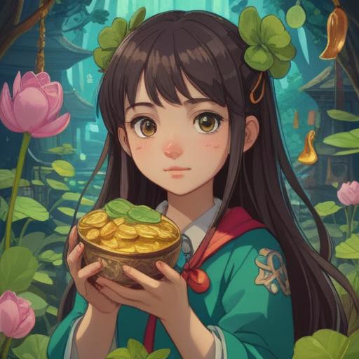 A whimsical illustration of a young girl holding a charming lucky charm, surrounded by various feminine lucky items like four-leaf clovers and sparkling gemstones, bright and cheerful colors, playful atmosphere, imaginative details, magical elements, inviting expressions on the girl's face, 4k
