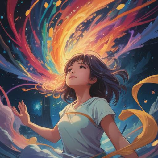 A spiritual illustration of a girl being born, ethereal light shining down, surrounded by swirling colors and cosmic elements, gentle aura, symbolic representations of life and rebirth, dreamy atmosphere, serene expression, harmonious connection with the universe, 4k