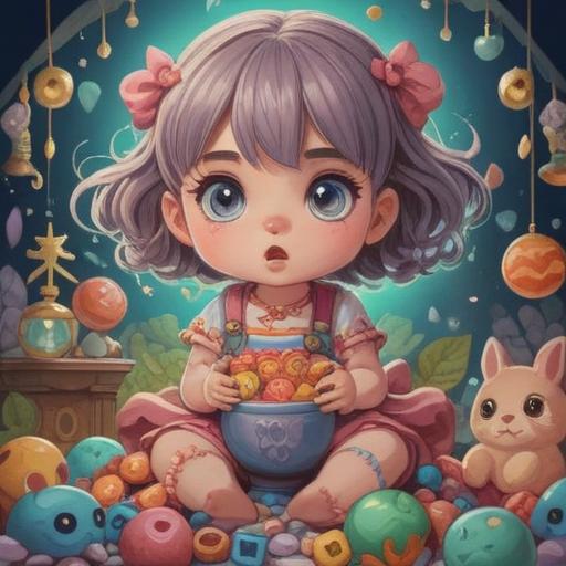 A whimsical illustration of a baby girl surrounded by lucky items, pastel colors, symbolic elements like lucky charms, flower motifs, gentle rays of sunlight, serene atmosphere, joyful expressions, enchanting details, 4k