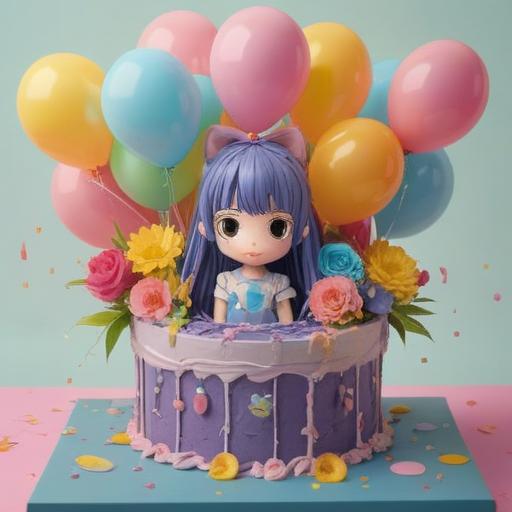 A beautifully wrapped gift box, adorned with pastel colors and sparkling decorations, surrounded by flowers and balloons, a cute birthday card featuring a cheerful girl, a festive atmosphere, soft lighting, whimsical details, 4k