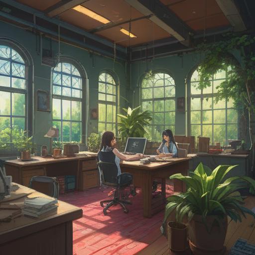 A serene workplace setting featuring women engaged in collaborative activities, soft natural light streaming through the windows, plants adorning the desks, harmonious atmosphere, presence of crystals and spiritual symbols, diverse group of women showcasing unity and empowerment, encouraging environment, positive energy, 4k