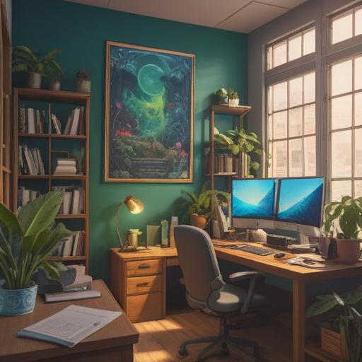 A serene office environment for women, bright and airy space, women collaborating harmoniously, inspirational quotes on the walls, plants bringing life, a sense of community and support, uplifting energy, spiritual symbols subtly integrated, positive vibes, 4k