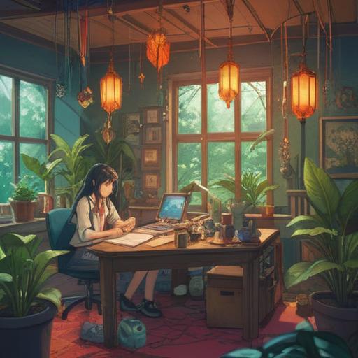 A serene office environment, women collaborating harmoniously, spiritual balance represented by crystals and plants, lucky items scattered on desks, positive energy flow, warm lighting, encouraging atmosphere, diverse female colleagues working together, 4k